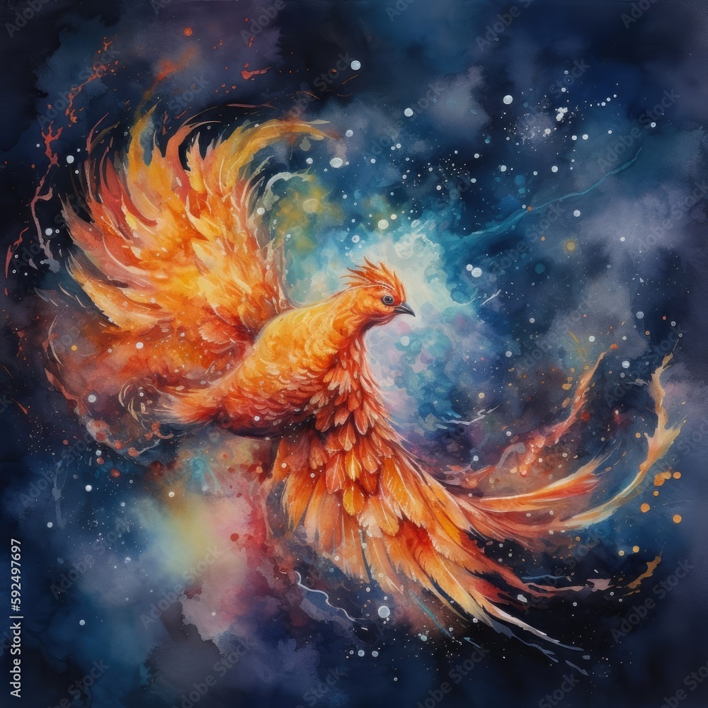 Fototapeta premium Watercolor painting of a Phoenix with wings spread in the wind Generative Ai