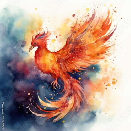 Watercolor painting of a Phoenix with wings spread in the wind Generative Ai