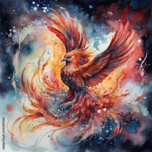 Watercolor painting of a Phoenix with wings spread in the wind Generative Ai
