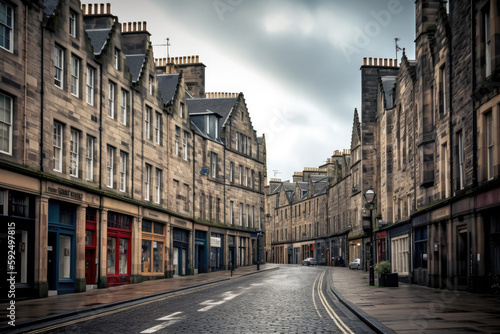 street view of Edinburgh, Scotland, UK created with Generative AI technology