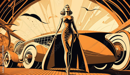 illustration of woman and transport with future technology in retro futuristic 30s style poster ,generative ai