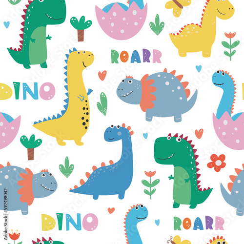 Vector hand-drawn seamless childish pattern with cute dinosaurs. Kids texture for fabric, wrapping, textile, wallpaper, apparel. Dino. Scandinavian style