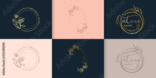 Collection of geometric vector floral frames. Round, oval, triangle, square Borders decorated with hand drawn delicate flowers, branches, leaves, blossom. illustration