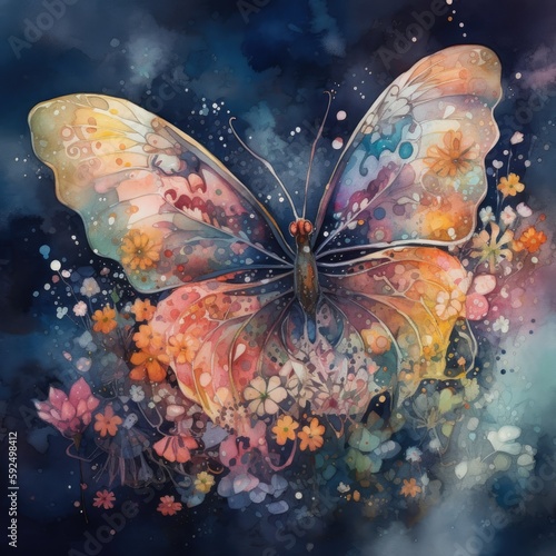 Watercolor painting of butterfly on floral background Generative Ai