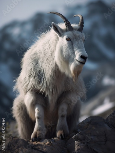 A beautiful mountain goat, standing in a leader's pose and contemplating further events against a background of large, beautiful rocks