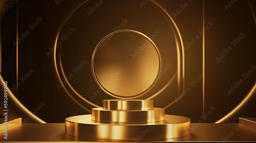 Golden podium with round frame on black background. Award ceremony concept. 3D rendering.Generative Ai Golden podium with round frame on black background. Award ceremony concept. 3D rendering.Generative Ai