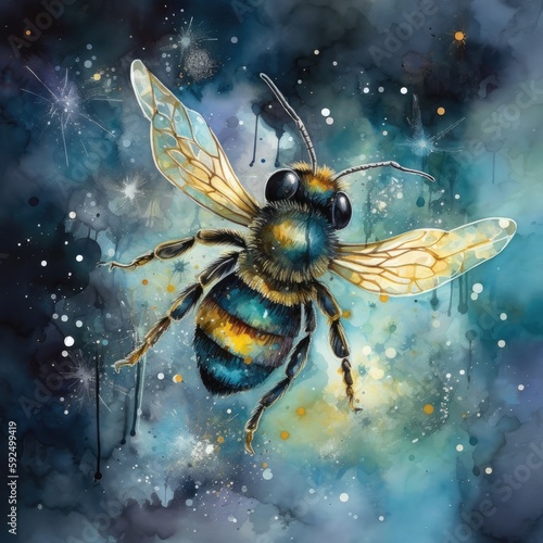 Fototapeta Naklejka Na Ścianę i Meble -  Watercolor painting of a bee on a flower Generative Ai