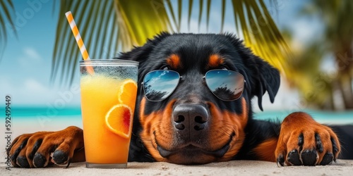 Rottweiler dog is on summer vacation at seaside resort and relaxing rest on summer beach of Hawaii