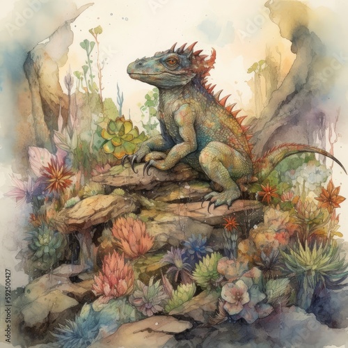 watercolor illustration of a chameleon sitting on a rock among the succulents Generative Ai