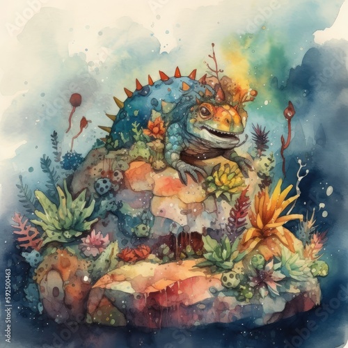watercolor illustration of a chameleon sitting on a rock among the succulents Generative Ai
