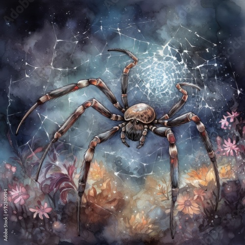 Watercolor illustration of a spider with flowers on the background of the night sky Generative Ai