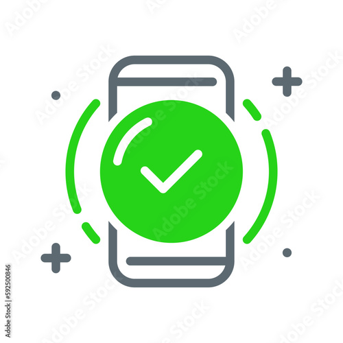 done, all steps or processes complete, successfully, check mark on smartphone screen concept illustration line icon design vector eps10. modern graphic element for empty state ui, infographic