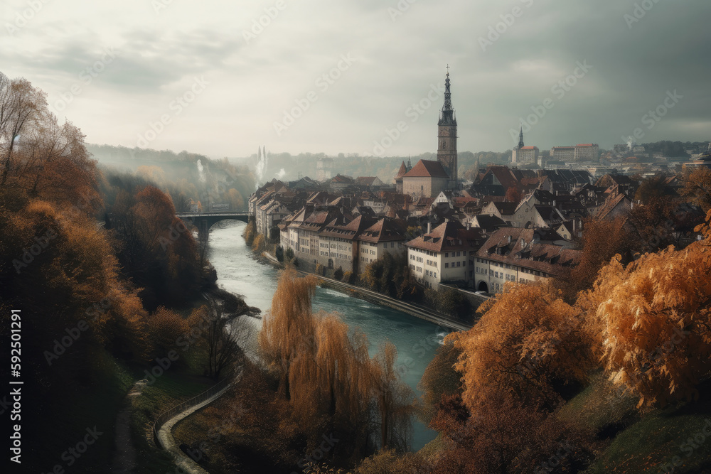 Panoramic view of Bern created with Generative AI technology