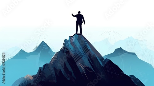 Businessman standing victoriously atop a mountain peak, embaodying vision, leadership, and success. Overcoming obstacles, he achieves goals with determination and motivation. Generative AI
