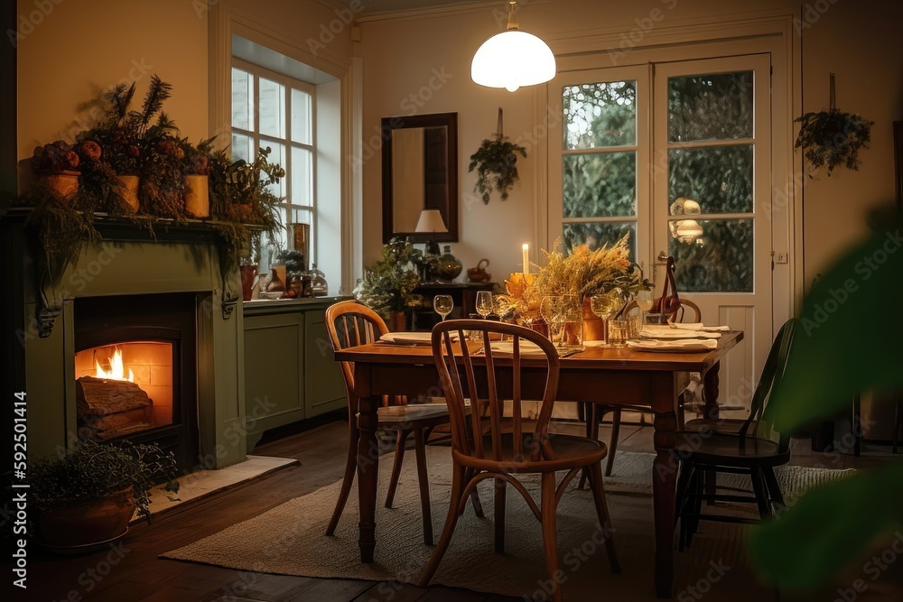 Rustic Charm: A Cozy Dining Room with Freshly Baked Pies and Lush Greenery 1. Generative AI