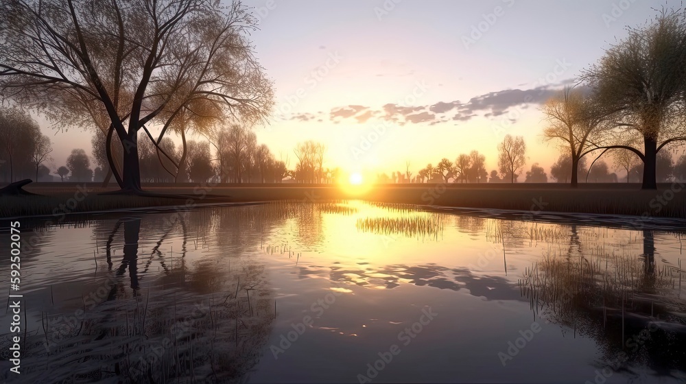 Sunset/Sunrise in Nature. miountain, Birds, Trees, bushs, river, open field, flowers in field. Generative AI Sunset/Sunrise in Nature. miountain, Birds, Trees, bushs, river, open field, flowers in field. Generative AI