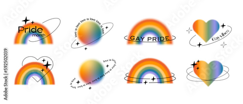 Retro vector set of blurry rainbows, heart aura, abstract shapes with linear elements and retro typography. Gay pride month. Queer love symbol logo in trendy y2k style. Minimalist gradient elements.