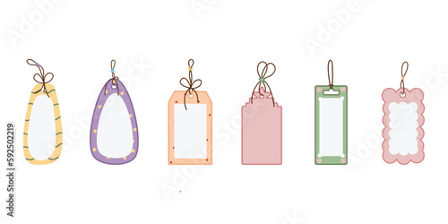 Blank gift box tags or sale shopping labels with rope. Empty organic style stickers. Flat design isolated vector. Vintage tag, blank price tag.