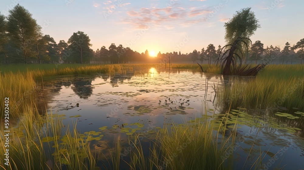Sunset/Sunrise in Nature. miountain, Birds, Trees, bushs, river, open field, flowers in field. Generative AI Sunset/Sunrise in Nature. miountain, Birds, Trees, bushs, river, open field, flowers in field. Generative AI