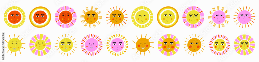 Avatar collection, optimistic suns. Vector characters, variety emoticons, smiling face. Design for stationery, branding.