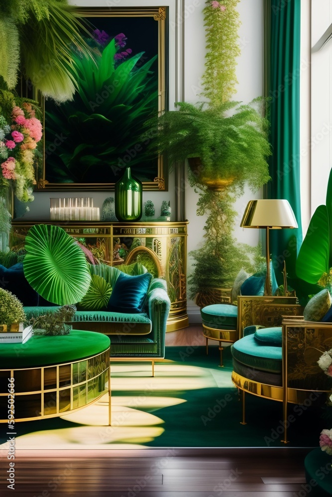 Architectural Digest photo of a maximalist green living room with lots