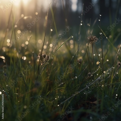 Blurry background image of spring nature, close up morning dewy grass. AI generative