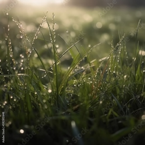 Blurry background image of spring nature, close up morning dewy grass. AI generative