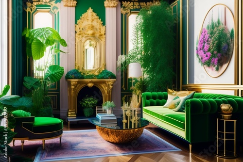 Fototapeta Architectural Digest photo of a maximalist green living room with lots of flower
