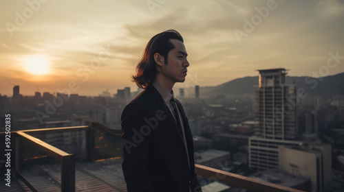 Asian businessman standing on building rooftop thinking.