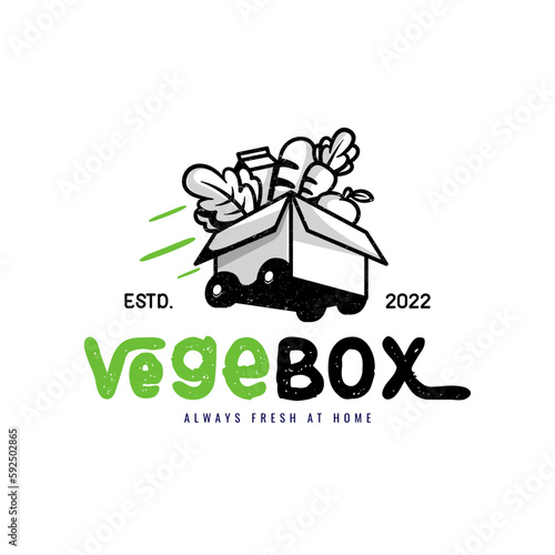 Vegetable in box with wheels for grocery delivery logo design vector
