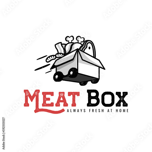 meat and sausage in the box with wheels for meat and food delivery logo design