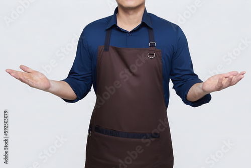 Asian Man wearing Apron in casual stylish clothing, standing tall pose with open arms, can be welcoming or wondering gesture, no face isolated white background
