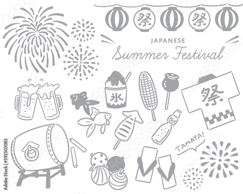 夏祭りのイラストセット(線画）