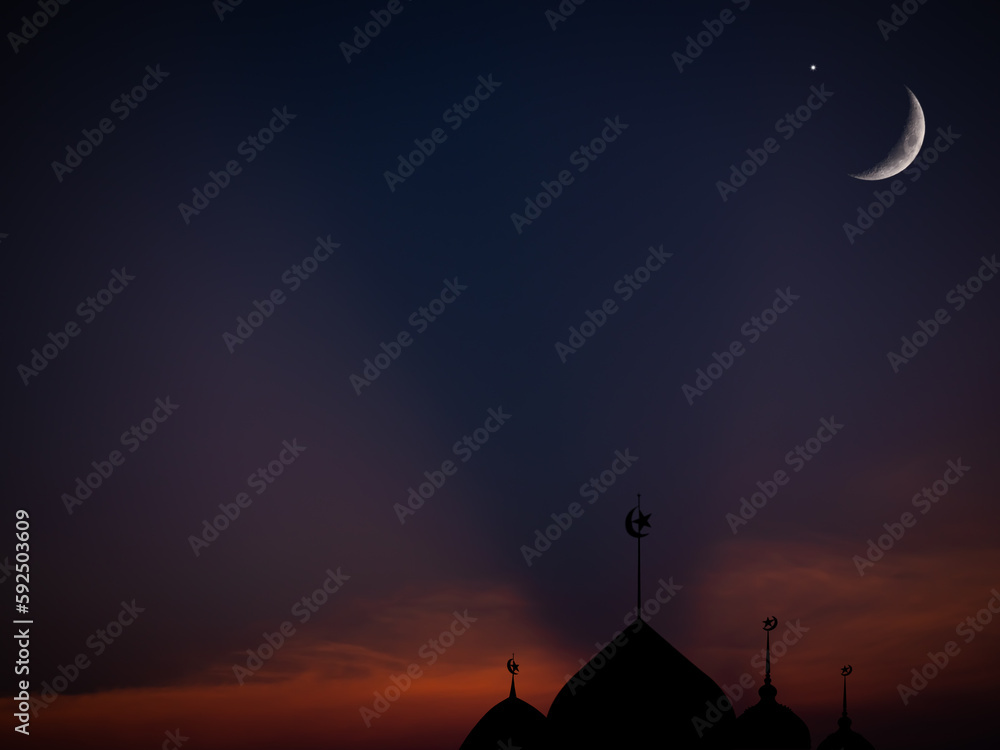 Eid Al Adha,Eid Al Fifr Adha Mubrak Arabic Background Concept,Crescent Moon with Star on Dark Night Sky Dusk Nature Landscape,Symbols Moonlight Muslim Islamic New Year Muharram Religion. Eid Al Adha,Eid Al Fifr Adha Mubrak Arabic Background Concept,Crescent Moon with Star on Dark Night Sky Dusk Nature Landscape,Symbols Moonlight Muslim Islamic New Year Muharram Religion.