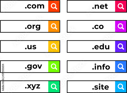 Common domain name extensions with search bars icons vector set