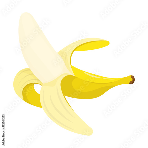 Whole Ripe peeled yellow banana. Harvesting tropical fruits. Healthy fruit in cartoon style isolated on white background