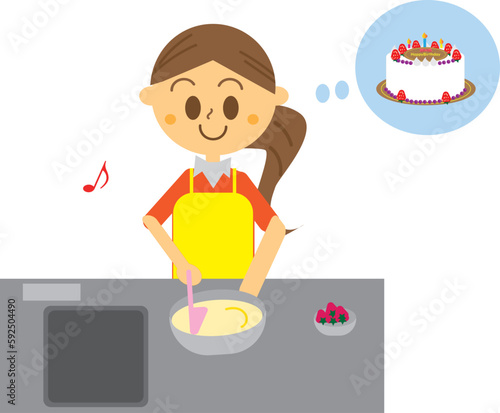 キッチンで誕生日のバースデーケーキを作っている女性・母親のイラスト・スポンジケーキ