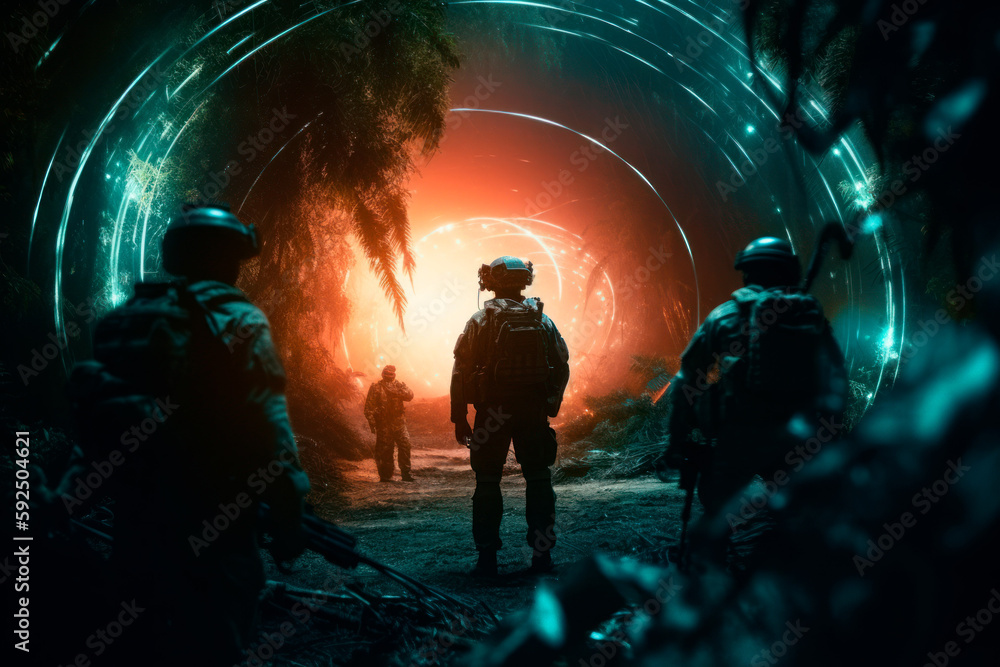 Soldiers entering a portal to new world. Generative AI Soldiers entering a portal to new world. Generative AI
