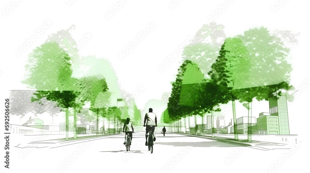 City bike lane with cyclists riding through an urban park surrounded by green trees, promoting sustainability. Generative AI