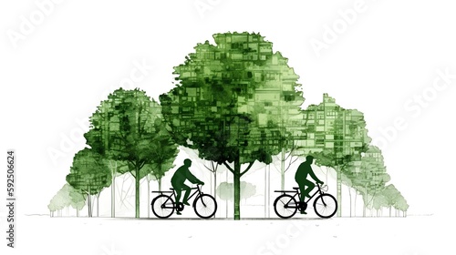 City bike lane with cyclists riding through an urban park surrounded by green trees, promoting sustainability. Generative AI photo