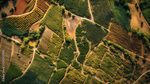 A captivating aerial top view of the intricate patterns created by sun-drenched vineyards and orchards photo