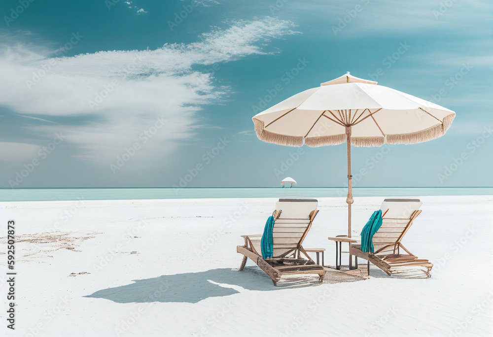 beach chairs and umbrella on the beach. Generative AI