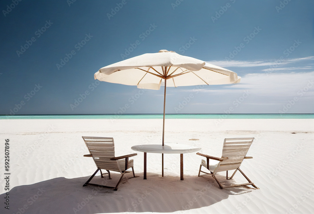 beach chairs and umbrella on the beach. Generate Ai