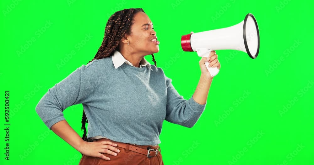 Rally, megaphone and woman shouting by green screen for human rights or change movement. Scream, political and African female model with bullhorn for activism protest by chroma key studio background. Rally, megaphone and woman shouting by green screen for human rights or change movement. Scream, political and African female model with bullhorn for activism protest by chroma key studio background.