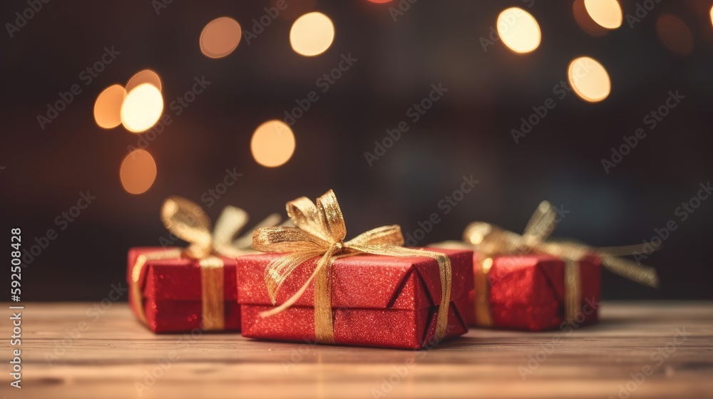 Christmas presents wrapped in red paper with gold ribbon on on wooden table background and bokeh. Place for typography and logo. Copy space. Generative Ai. Christmas presents wrapped in red paper with gold ribbon on on wooden table background and bokeh. Place for typography and logo. Copy space. Generative Ai.