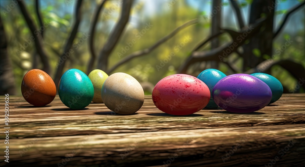 row of colorful easter eggs on wooden table and bokeh background, place for typography and logo. Rustic wooden table. Easter theme. Generative Ai. row of colorful easter eggs on wooden table and bokeh background, place for typography and logo. Rustic wooden table. Easter theme. Generative Ai.