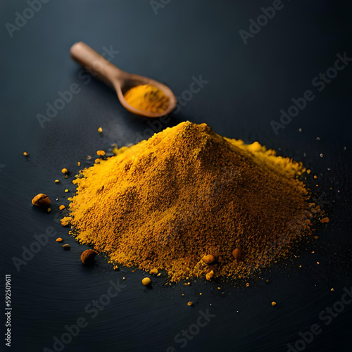 Photo generative ai illustration of heap with yellow turmeric placed on black surface near scattered dry spices yellow pawder photo