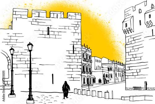 Old Jerusalem. Nice view of the domes and walls of the ancient city. Hand drawn sketch. Urban sketch. Line art. Ink drawing. Black and white vector illustration. Postcards style. Without people.