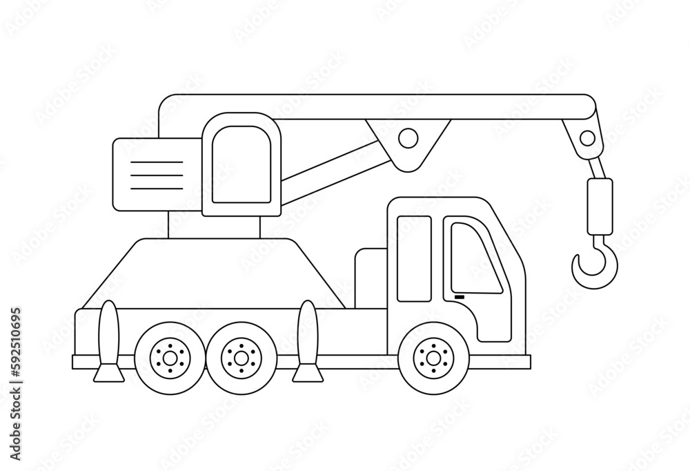 Construction crane. Outline illustration isolated on white. Childish cute construction vehicle