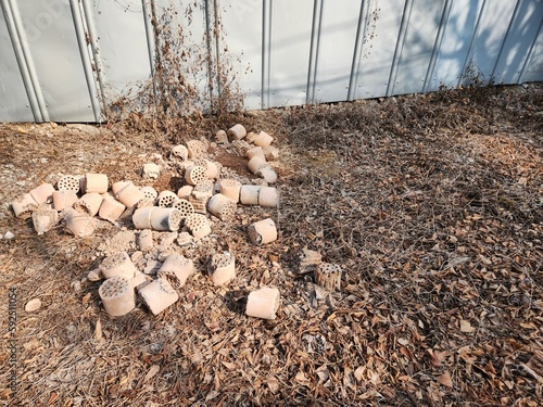 Принти на полотні Discarded coal briquettes used in Korea for cooking and home heating